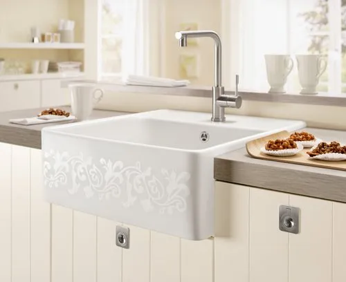 Bild von VILLEROY BOCH Spülstein Einzelbecken Spülstein Einzelbecken, inklusive Ablaufgarnitur mit Handbetätigung, Befestigungsset, aus Keramik, 595 x 630 mm, Crema CeramicPlus #632061KR