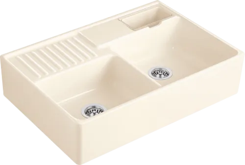 Bild von VILLEROY BOCH Spülstein Doppelbecken Spülstein Doppelbecken, inklusive Resteschale, Ablaufgarnitur mit Excenterbetätigung, Befestigungsset, aus Keramik, 895 x 630 mm, Crema CeramicPlus #632392KR
