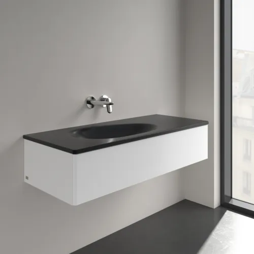 Picture of VILLEROY BOCH Antao Vanity washbasin, 1200 x 500 x 150 mm, Pure Black CeramicPlus, without overflow 4A77L3R7