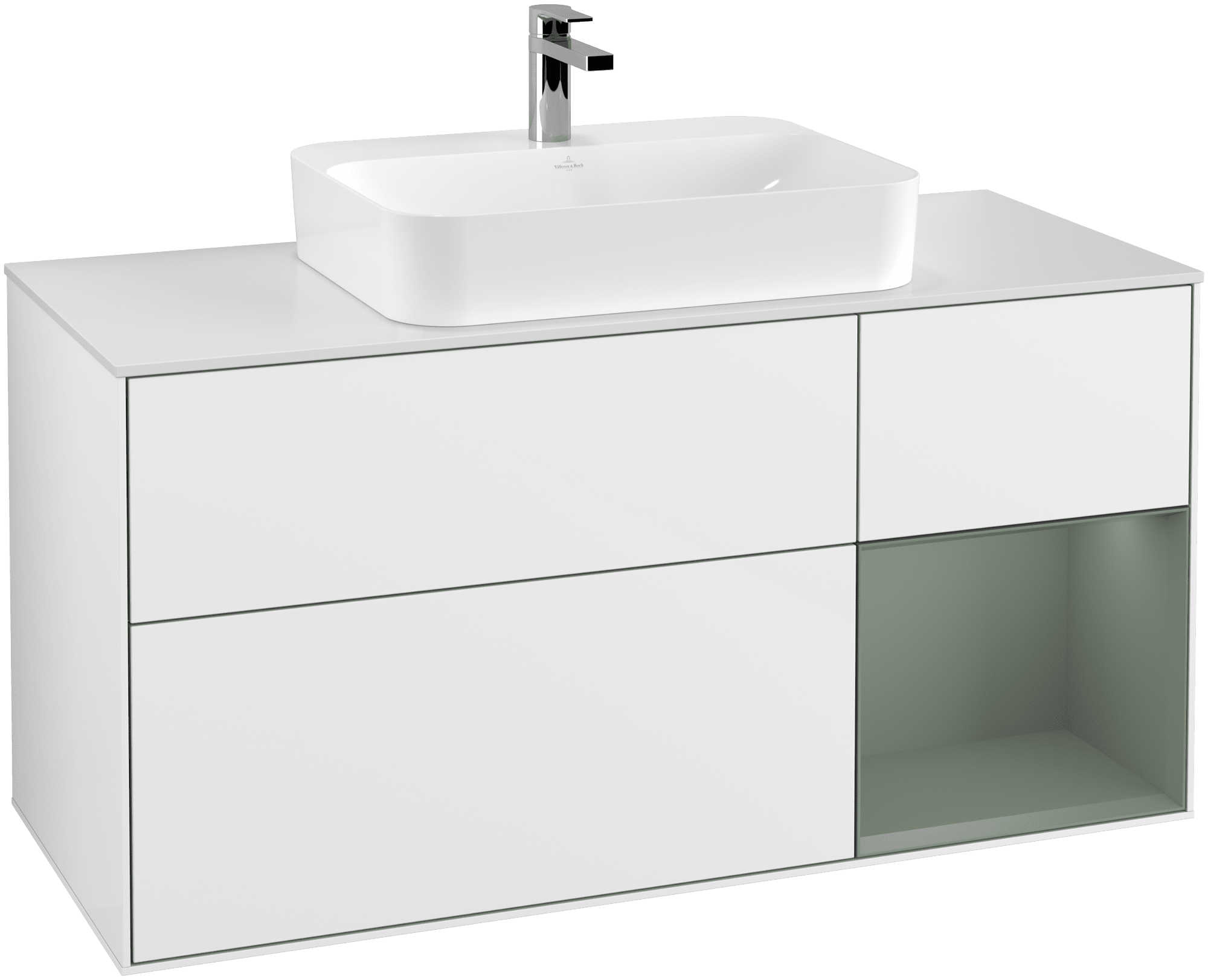 Bild von VILLEROY BOCH Finion Waschbeckenunterschrank, mit Beleuchtung, 3 Auszüge, 1200 x 603 x 501 mm, Glossy White Lacquer / Olive Matt Lacquer / Glass White Matt #G421GMGF