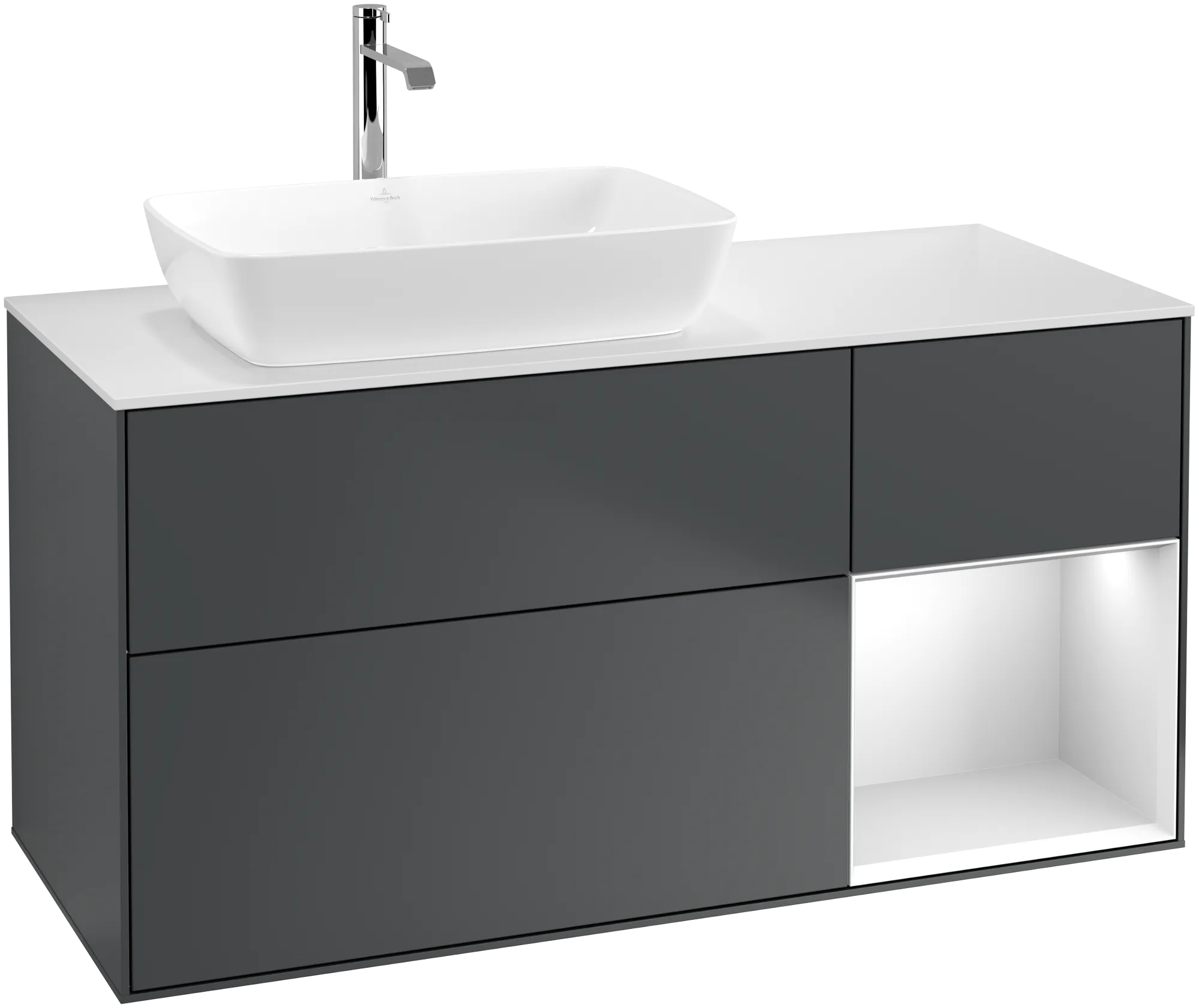 Picture of VILLEROY BOCH Finion Vanity unit, with lighting, 3 pull-out compartments, 1200 x 603 x 501 mm, Midnight Blue Matt Lacquer / White Matt Lacquer / Glass White Matt #G811MTHG
