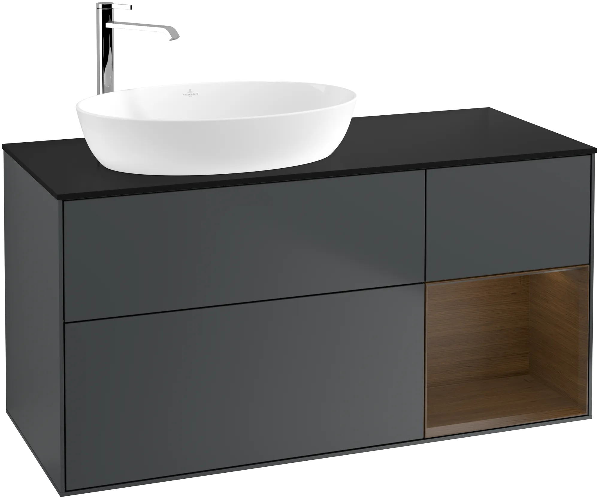 Obrázek VILLEROY BOCH Finion Vanity unit, with lighting, 3 pull-out compartments, 1200 x 603 x 501 mm, Midnight Blue Matt Lacquer / Walnut Veneer / Glass Black Matt #G932GNHG