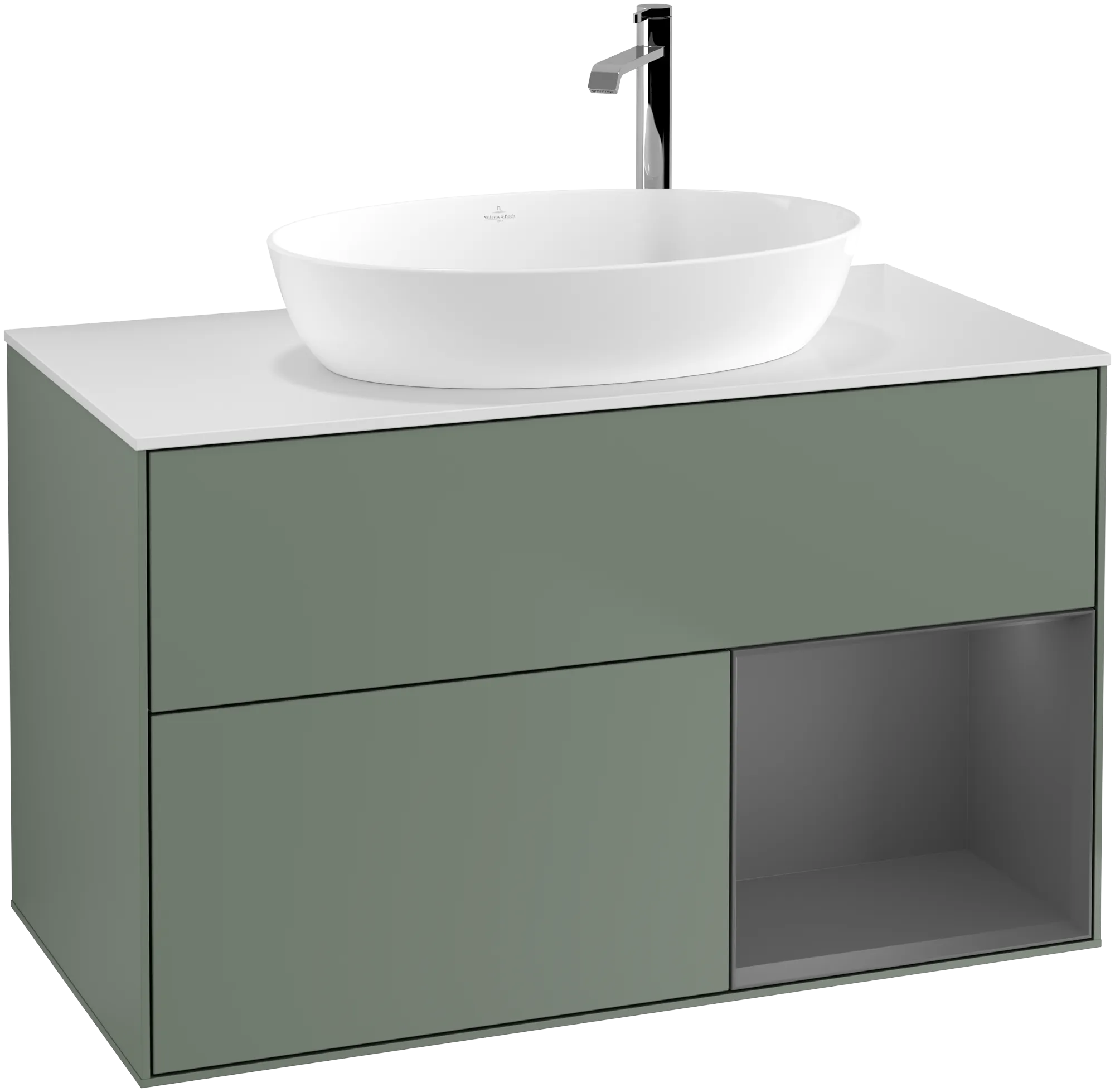 Bild von VILLEROY BOCH Finion Waschbeckenunterschrank, mit Beleuchtung, 2 Auszüge, 1000 x 603 x 501 mm, Olive Matt Lacquer / Anthracite Matt Lacquer / Glass White Matt #G901GKGM