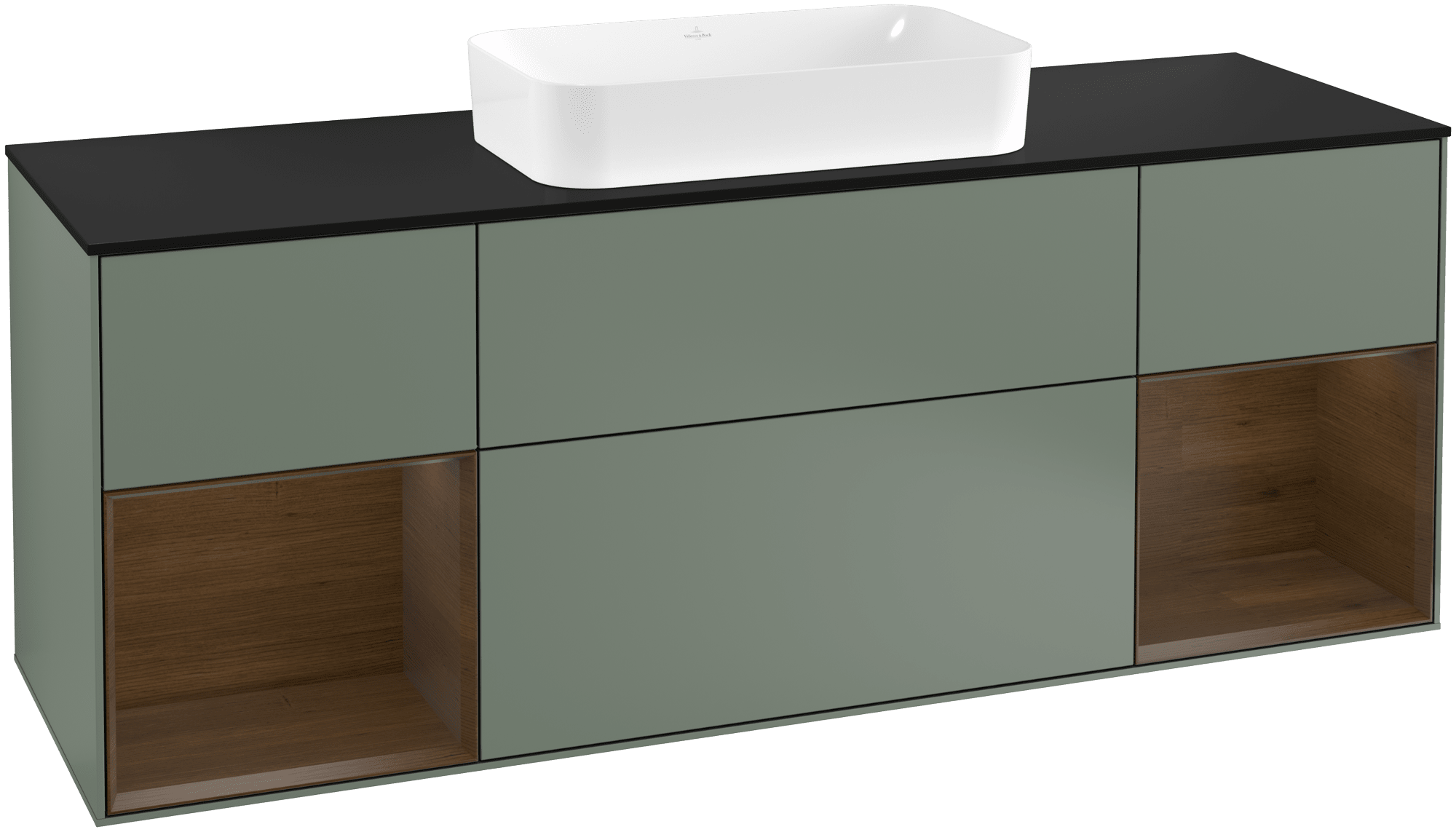 Bild von VILLEROY BOCH Finion Waschbeckenunterschrank, mit Beleuchtung, 4 Auszüge, 1600 x 603 x 501 mm, Olive Matt Lacquer / Walnut Veneer / Glass Black Matt #G332GNGM