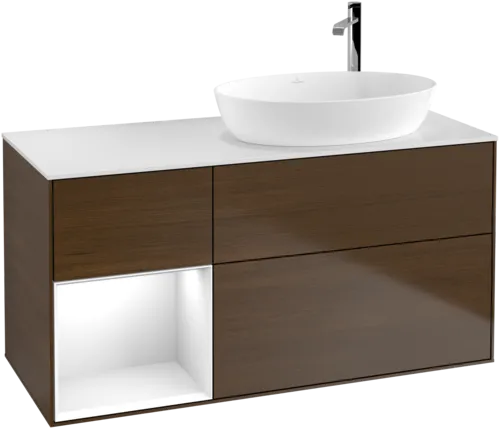 Bild von VILLEROY BOCH Finion Waschbeckenunterschrank, mit Beleuchtung, 3 Auszüge, 1200 x 603 x 501 mm, Walnut Veneer / Glossy White Lacquer / Glass White Matt #G921GFGN