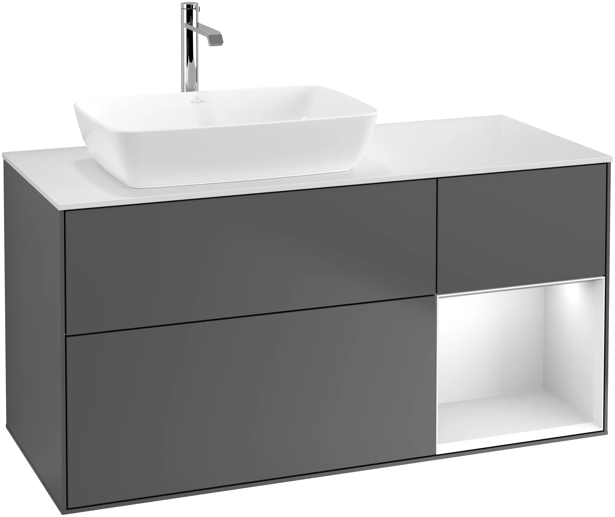 Obrázek VILLEROY BOCH Finion Vanity unit, with lighting, 3 pull-out compartments, 1200 x 603 x 501 mm, Anthracite Matt Lacquer / White Matt Lacquer / Glass White Matt #G811MTGK