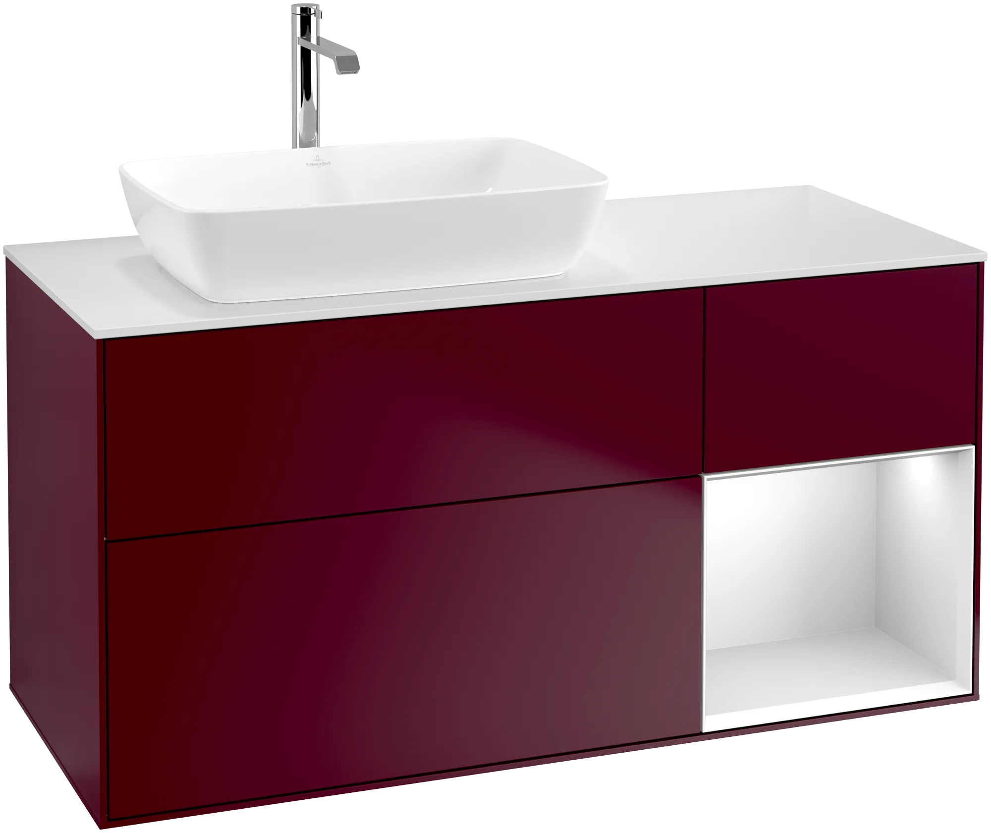 Picture of VILLEROY BOCH Finion Vanity unit, with lighting, 3 pull-out compartments, 1200 x 603 x 501 mm, Peony Matt Lacquer / White Matt Lacquer / Glass White Matt #G811MTHB