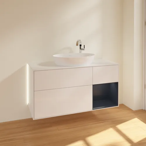 Obrázek VILLEROY BOCH Finion Vanity unit, with lighting, 3 pull-out compartments, 1200 x 603 x 501 mm, Glossy White Lacquer / Midnight Blue Matt Lacquer / Glass White Matt #G951HGGF