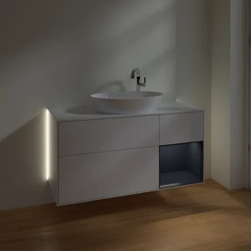 Obrázek VILLEROY BOCH Finion Vanity unit, with lighting, 3 pull-out compartments, 1200 x 603 x 501 mm, Glossy White Lacquer / Midnight Blue Matt Lacquer / Glass White Matt #G951HGGF