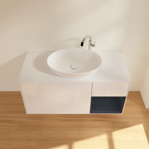 Obrázek VILLEROY BOCH Finion Vanity unit, with lighting, 3 pull-out compartments, 1200 x 603 x 501 mm, Glossy White Lacquer / Midnight Blue Matt Lacquer / Glass White Matt #G951HGGF
