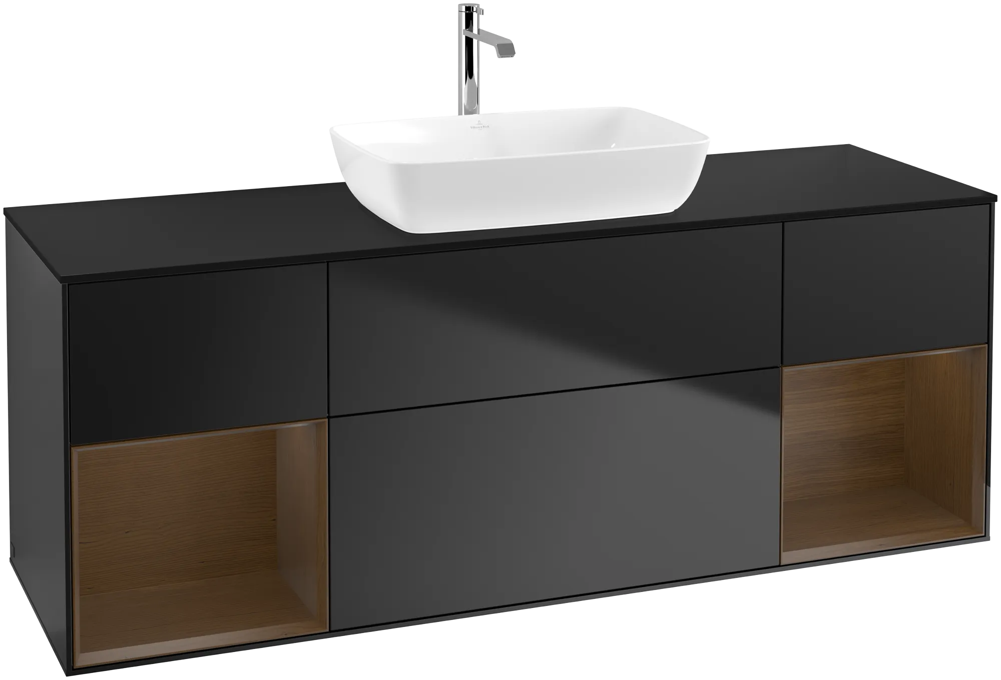 Bild von VILLEROY BOCH Finion Waschbeckenunterschrank, mit Beleuchtung, 4 Auszüge, 1600 x 603 x 501 mm, Black Matt Lacquer / Walnut Veneer / Glass Black Matt #G862GNPD