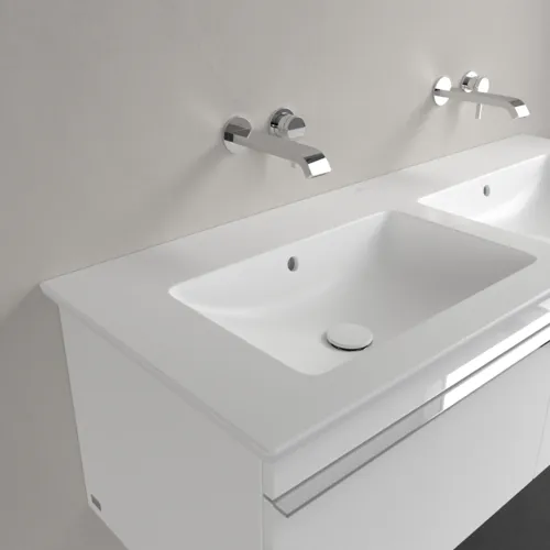 Obrázek VILLEROY BOCH Skříňkové dvojumyvadlo Venticello, 1300 x 500 x 170 mm, Stone White CeramicPlus, s přepadem #4111DJRW