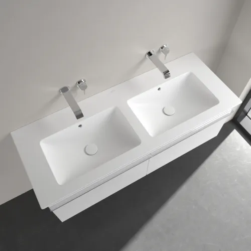 Obrázek VILLEROY BOCH Skříňkové dvojumyvadlo Venticello, 1300 x 500 x 170 mm, Stone White CeramicPlus, s přepadem #4111DJRW