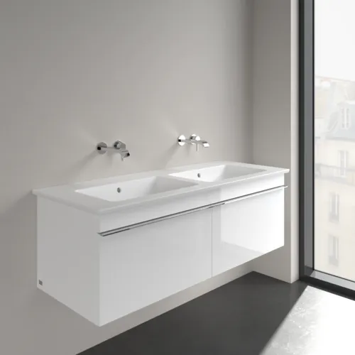 Obrázek VILLEROY BOCH Skříňkové dvojumyvadlo Venticello, 1300 x 500 x 170 mm, Stone White CeramicPlus, s přepadem #4111DJRW