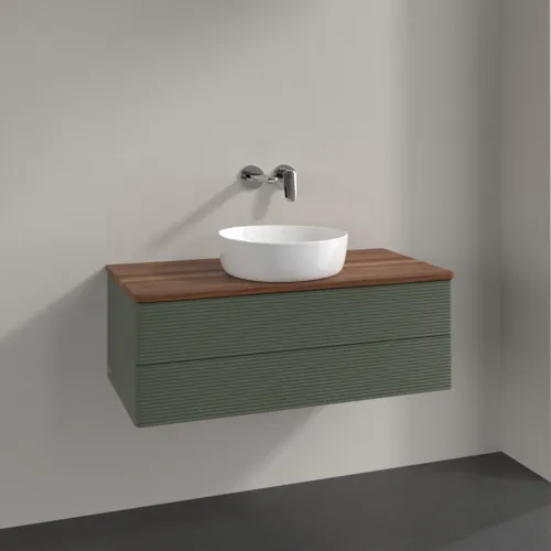 Bild von VILLEROY BOCH Antao Waschbeckenunterschrank, 2 Auszüge, 1000 x 360 x 500 mm, Front mit Struktur, Leaf Green Matt Lacquer / Warm Walnut #K20112HL