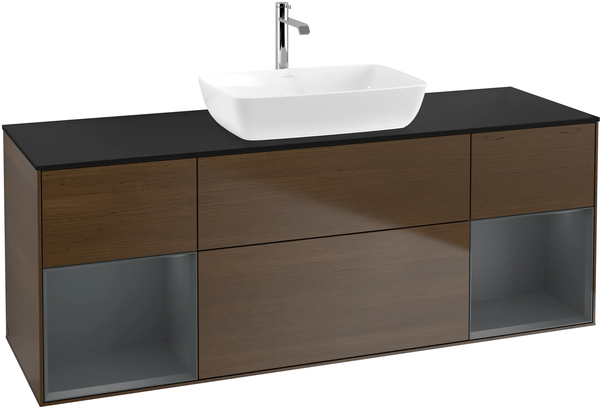 Bild von VILLEROY BOCH Finion Waschbeckenunterschrank, mit Beleuchtung, 4 Auszüge, 1600 x 603 x 501 mm, Walnut Veneer / Midnight Blue Matt Lacquer / Glass Black Matt #G862HGGN