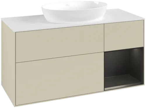 Bild von VILLEROY BOCH Finion Waschbeckenunterschrank, mit Beleuchtung, 3 Auszüge, 1200 x 603 x 501 mm, Silk Grey Matt Lacquer / Black Matt Lacquer / Glass White Matt #GA71PDHJ