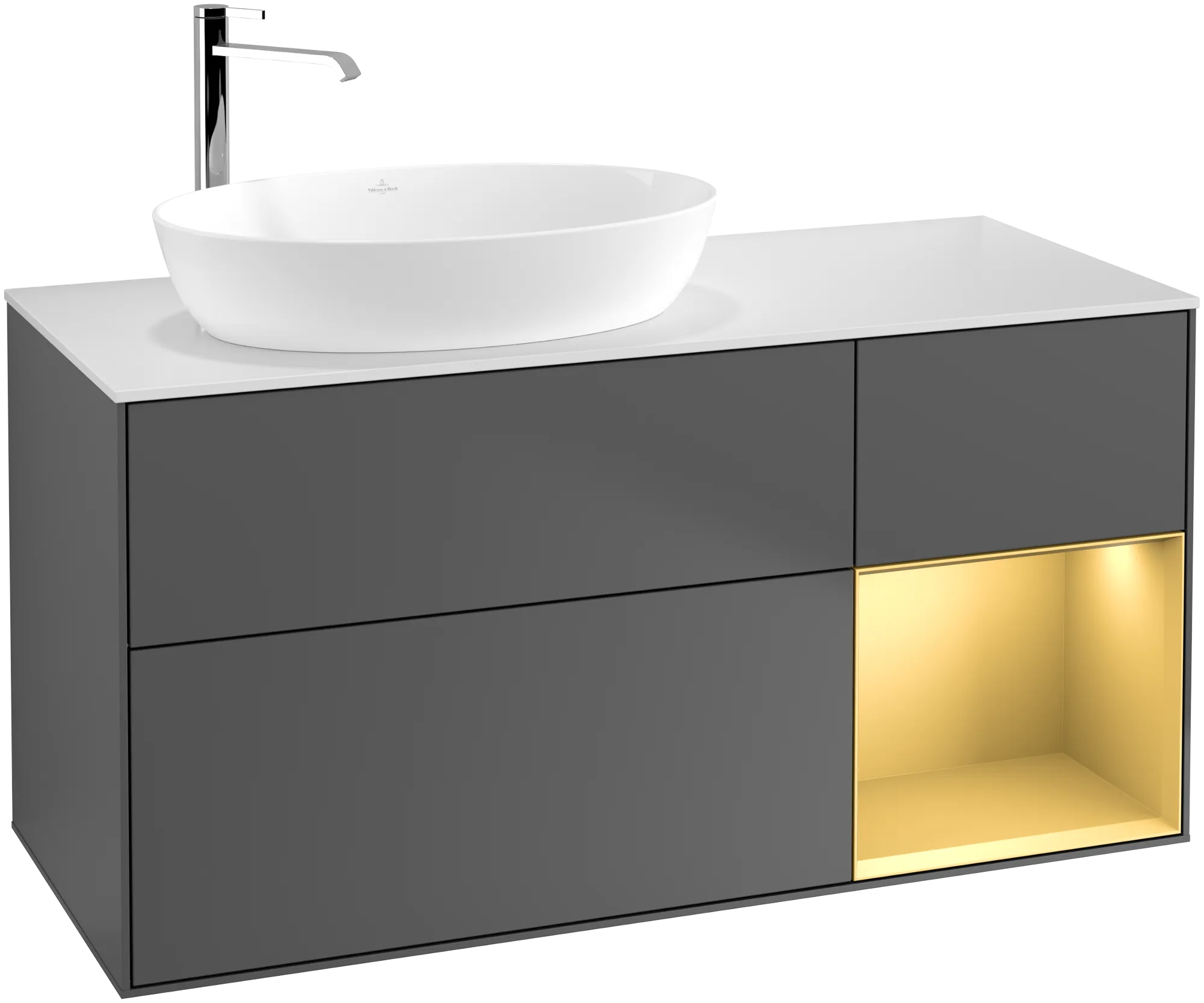 Bild von VILLEROY BOCH Finion Waschbeckenunterschrank, mit Beleuchtung, 3 Auszüge, 1200 x 603 x 501 mm, Anthracite Matt Lacquer / Gold Matt Lacquer / Glass White Matt #G931HFGK