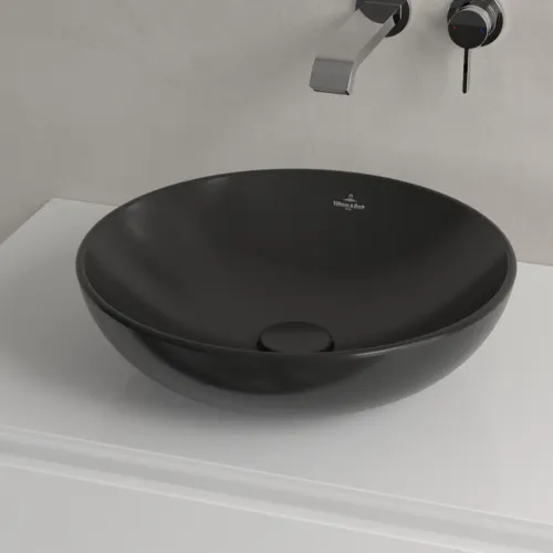 Bild von VILLEROY BOCH Loop & Friends Aufsatzwaschbecken, 420 x 420 x 120 mm, Pure Black CeramicPlus, mit Überlauf #4A4600R7