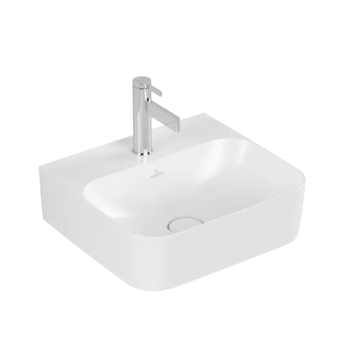 Bild von VILLEROY BOCH Finion Handwaschbecken, 430 x 390 x 140 mm, Stone White CeramicPlus, mit verdecktem Überlauf, Unterseite geschliffen #43644CRW