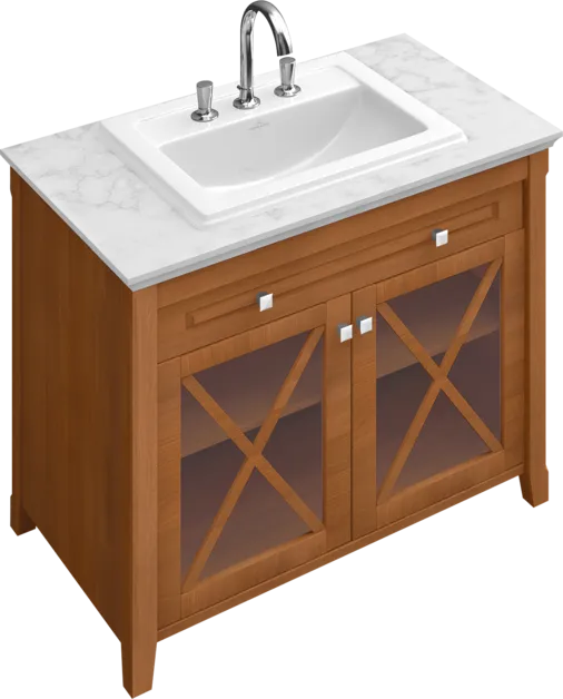 Bild von VILLEROY BOCH Hommage Waschbeckenunterschrank mit Waschbecken, 1 Schublade, 2 Türen, 985 x 905 x 620 mm, Walnut/Grey-White Marble / Walnut/Grey-White Marble #8979A1R1