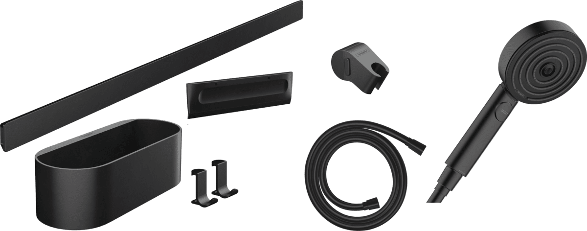 Picture of HANSGROHE WallStoris Bundle hand shower 105 3jet Activation EcoSmart, wall bar 70 cm and storage set #24291670 - Matt Black
