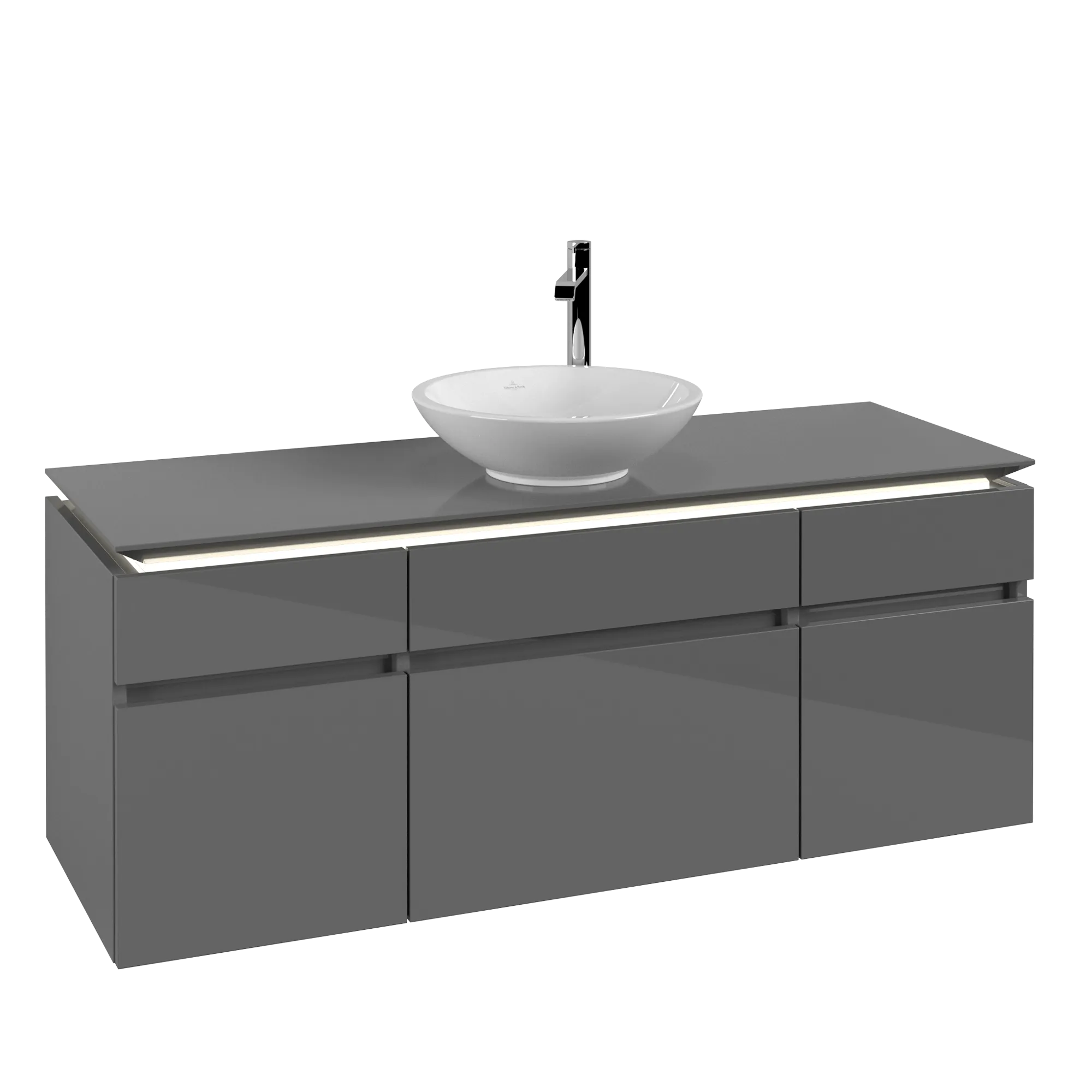 Bild von VILLEROY BOCH Legato Waschbeckenunterschrank, mit Beleuchtung, 5 Auszüge, 1400 x 550 x 500 mm, Glossy Grey / Glossy Grey #B586L0FP