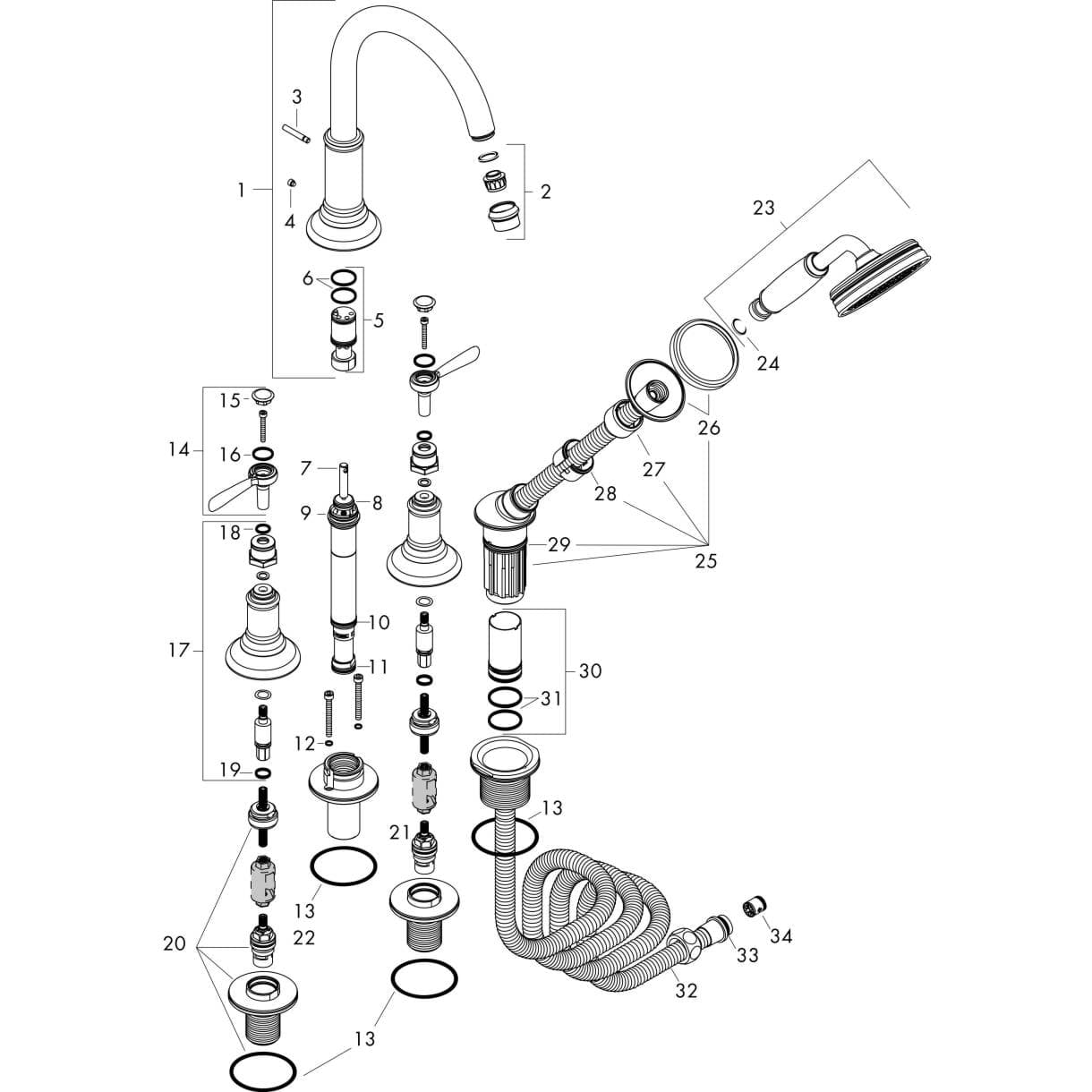 Bild von HANSGROHE AXOR Montreux 4-hole tile mounted bath mixer with lever handles Chrome 16554000