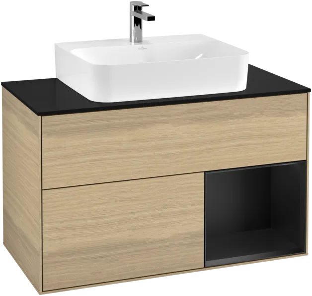 Bild von VILLEROY BOCH Finion Waschbeckenunterschrank, mit Beleuchtung, 2 Auszüge, 1000 x 603 x 501 mm, Oak Veneer / Black Matt Lacquer / Glass Black Matt #F122PDPC