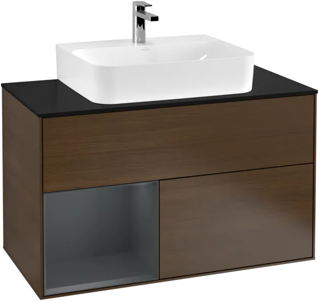 Bild von VILLEROY BOCH Finion Waschbeckenunterschrank, mit Beleuchtung, 2 Auszüge, 1000 x 603 x 501 mm, Walnut Veneer / Midnight Blue Matt Lacquer / Glass Black Matt #F112HGGN