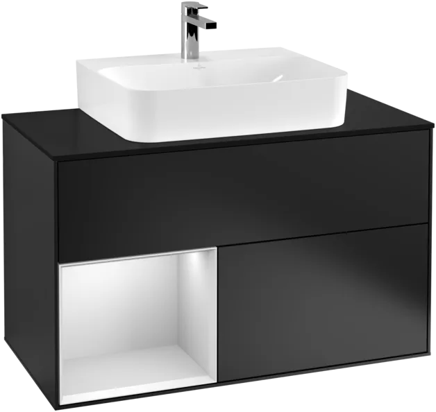Bild von VILLEROY BOCH Finion Waschbeckenunterschrank, mit Beleuchtung, 2 Auszüge, 1000 x 603 x 501 mm, Black Matt Lacquer / White Matt Lacquer / Glass Black Matt #F112MTPD