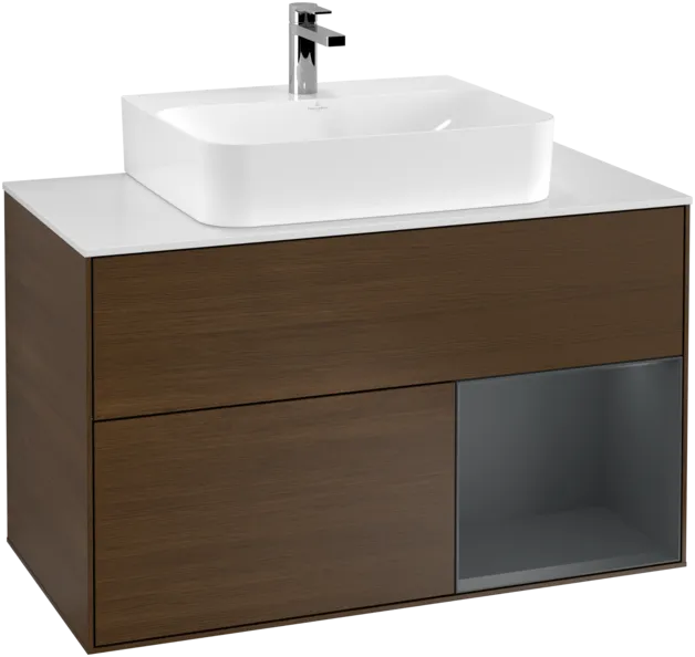 Bild von VILLEROY BOCH Finion Waschbeckenunterschrank, mit Beleuchtung, 2 Auszüge, 1000 x 603 x 501 mm, Walnut Veneer / Midnight Blue Matt Lacquer / Glass White Matt #F121HGGN