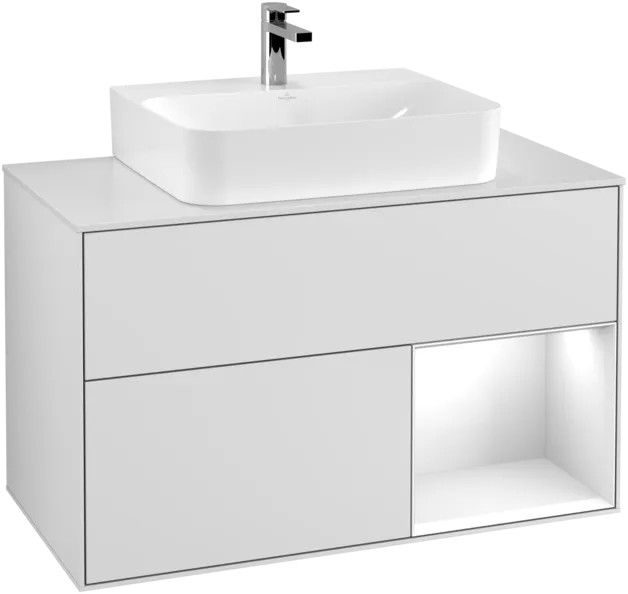 Bild von VILLEROY BOCH Finion Waschbeckenunterschrank, mit Beleuchtung, 2 Auszüge, 1000 x 603 x 501 mm, White Matt Lacquer / Glossy White Lacquer / Glass White Matt #F121GFMT