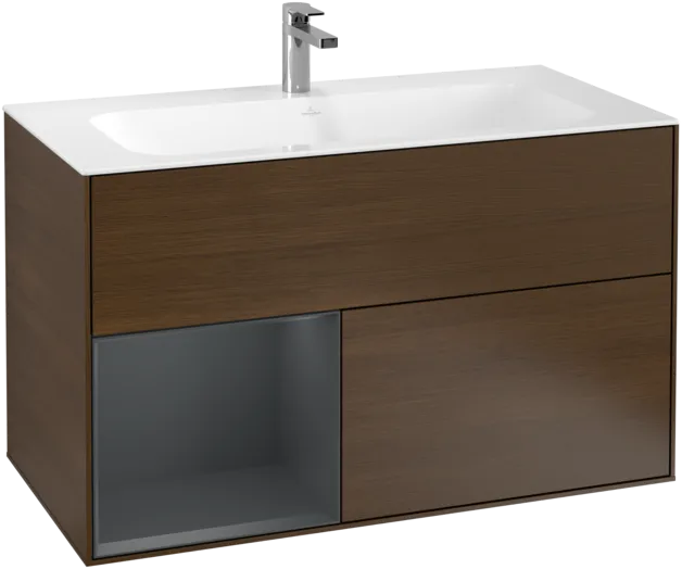 Bild von VILLEROY BOCH Finion Waschbeckenunterschrank, mit Beleuchtung, 2 Auszüge, 996 x 591 x 498 mm, Walnut Veneer / Midnight Blue Matt Lacquer #F030HGGN