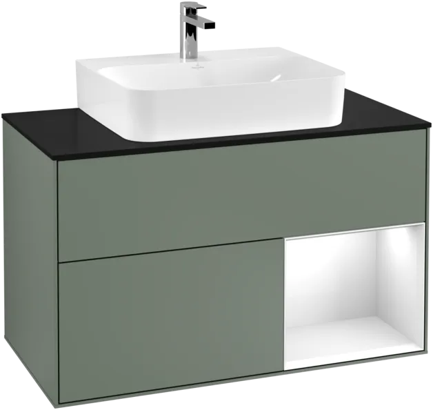 Bild von VILLEROY BOCH Finion Waschbeckenunterschrank, mit Beleuchtung, 2 Auszüge, 1000 x 603 x 501 mm, Olive Matt Lacquer / Glossy White Lacquer / Glass Black Matt #F122GFGM