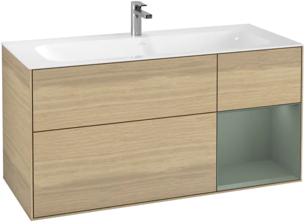 Bild von VILLEROY BOCH Finion Waschbeckenunterschrank, mit Beleuchtung, 3 Auszüge, 1196 x 591 x 498 mm, Oak Veneer / Olive Matt Lacquer #F070GMPC