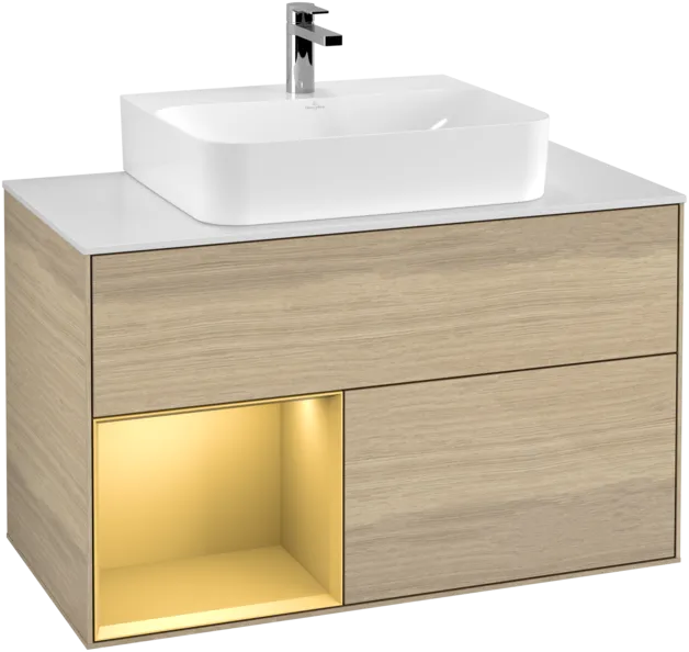 Bild von VILLEROY BOCH Finion Waschbeckenunterschrank, mit Beleuchtung, 2 Auszüge, 1000 x 603 x 501 mm, Oak Veneer / Gold Matt Lacquer / Glass White Matt #F111HFPC