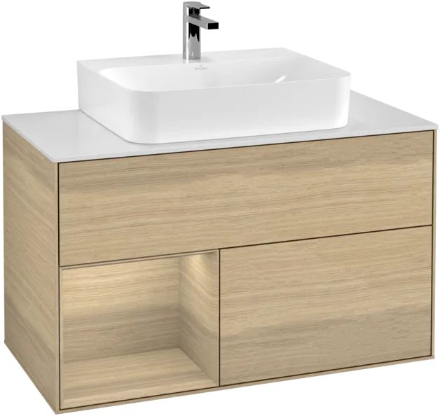 Bild von VILLEROY BOCH Finion Waschbeckenunterschrank, mit Beleuchtung, 2 Auszüge, 1000 x 603 x 501 mm, Oak Veneer / Oak Veneer / Glass White Matt #F111PCPC