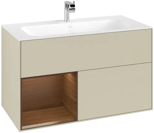 Bild von VILLEROY BOCH Finion Waschbeckenunterschrank, mit Beleuchtung, 2 Auszüge, 996 x 591 x 498 mm, Silk Grey Matt Lacquer / Walnut Veneer #F030GNHJ