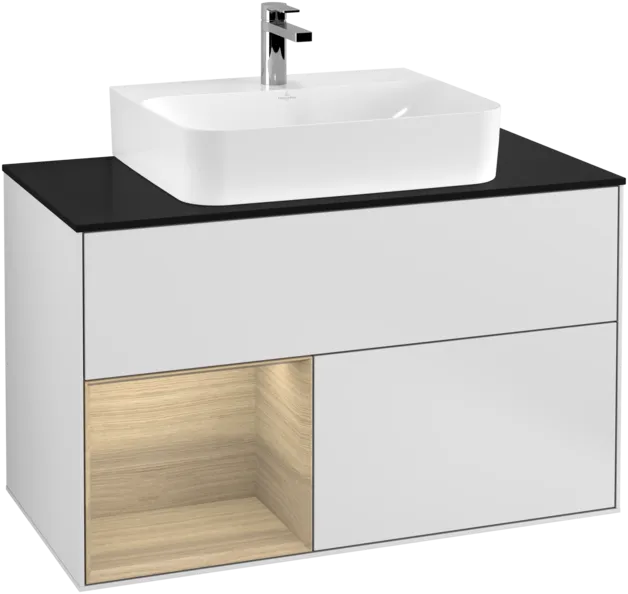 Bild von VILLEROY BOCH Finion Waschbeckenunterschrank, mit Beleuchtung, 2 Auszüge, 1000 x 603 x 501 mm, White Matt Lacquer / Oak Veneer / Glass Black Matt #F112PCMT