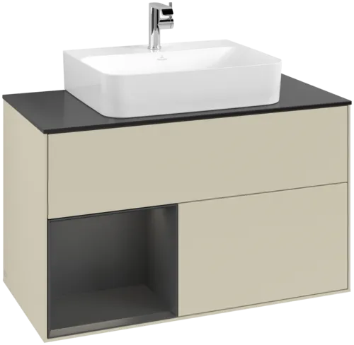 Bild von VILLEROY BOCH Finion Waschbeckenunterschrank, mit Beleuchtung, 2 Auszüge, 1000 x 603 x 501 mm, Silk Grey Matt Lacquer / Oak Veneer / Glass Black Matt #F112PCHJ