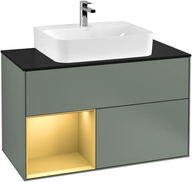 Bild von VILLEROY BOCH Finion Waschbeckenunterschrank, mit Beleuchtung, 2 Auszüge, 1000 x 603 x 501 mm, Olive Matt Lacquer / Gold Matt Lacquer / Glass Black Matt #F112HFGM