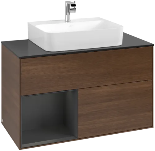 Bild von VILLEROY BOCH Finion Waschbeckenunterschrank, mit Beleuchtung, 2 Auszüge, 1000 x 603 x 501 mm, Walnut Veneer / Silk Grey Matt Lacquer / Glass Black Matt #F112HJGN