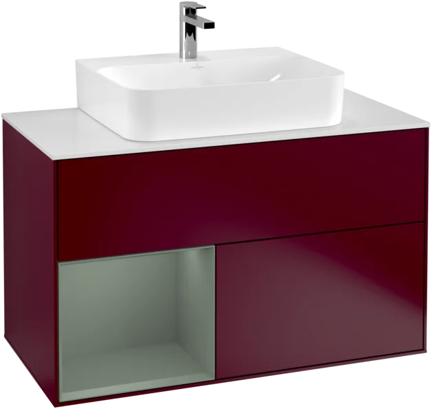 Bild von VILLEROY BOCH Finion Waschbeckenunterschrank, mit Beleuchtung, 2 Auszüge, 1000 x 603 x 501 mm, Peony Matt Lacquer / Olive Matt Lacquer / Glass White Matt #F111GMHB