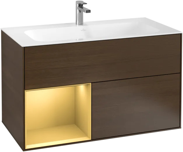 Bild von VILLEROY BOCH Finion Waschbeckenunterschrank, mit Beleuchtung, 2 Auszüge, 996 x 591 x 498 mm, Walnut Veneer / Gold Matt Lacquer #F030HFGN