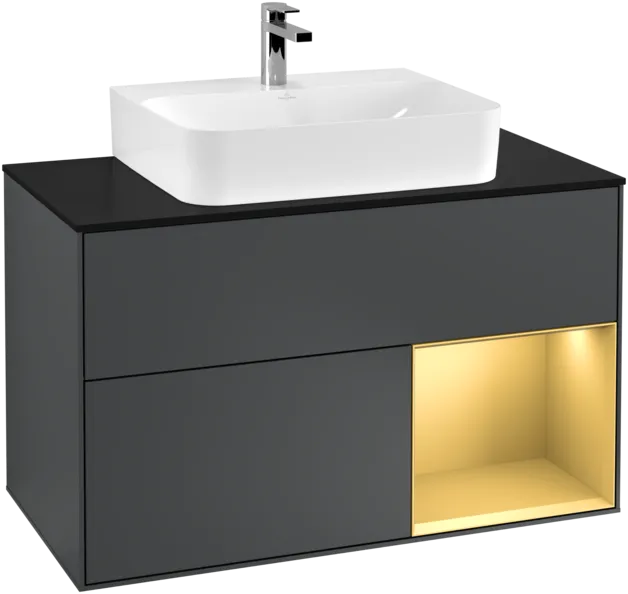 Obrázek VILLEROY BOCH Toaletní skříňka Finion, s osvětlením, 2 výsuvy, 1000 x 603 x 501 mm, Midnight Blue Matt Lacquer / Gold Matt Lacquer / Glass Black Matt #F122HFHG
