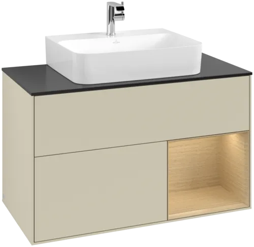 Bild von VILLEROY BOCH Finion Waschbeckenunterschrank, mit Beleuchtung, 2 Auszüge, 1000 x 603 x 501 mm, Silk Grey Matt Lacquer / Oak Veneer / Glass Black Matt #F122PCHJ
