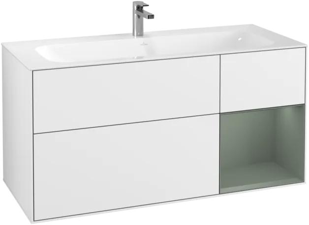 Obrázek VILLEROY BOCH Toaletní skříňka Finion, s osvětlením, 3 výsuvy, 1196 x 591 x 498 mm, lesklý bílý lak / olivově matný lak #F070GMGF