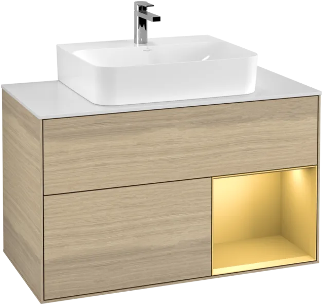 Bild von VILLEROY BOCH Finion Waschbeckenunterschrank, mit Beleuchtung, 2 Auszüge, 1000 x 603 x 501 mm, Oak Veneer / Gold Matt Lacquer / Glass White Matt #F121HFPC