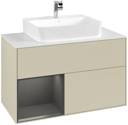 Bild von VILLEROY BOCH Finion Waschbeckenunterschrank, mit Beleuchtung, 2 Auszüge, 1000 x 603 x 501 mm, Silk Grey Matt Lacquer / Midnight Blue Matt Lacquer / Glass White Matt #F111HGHJ